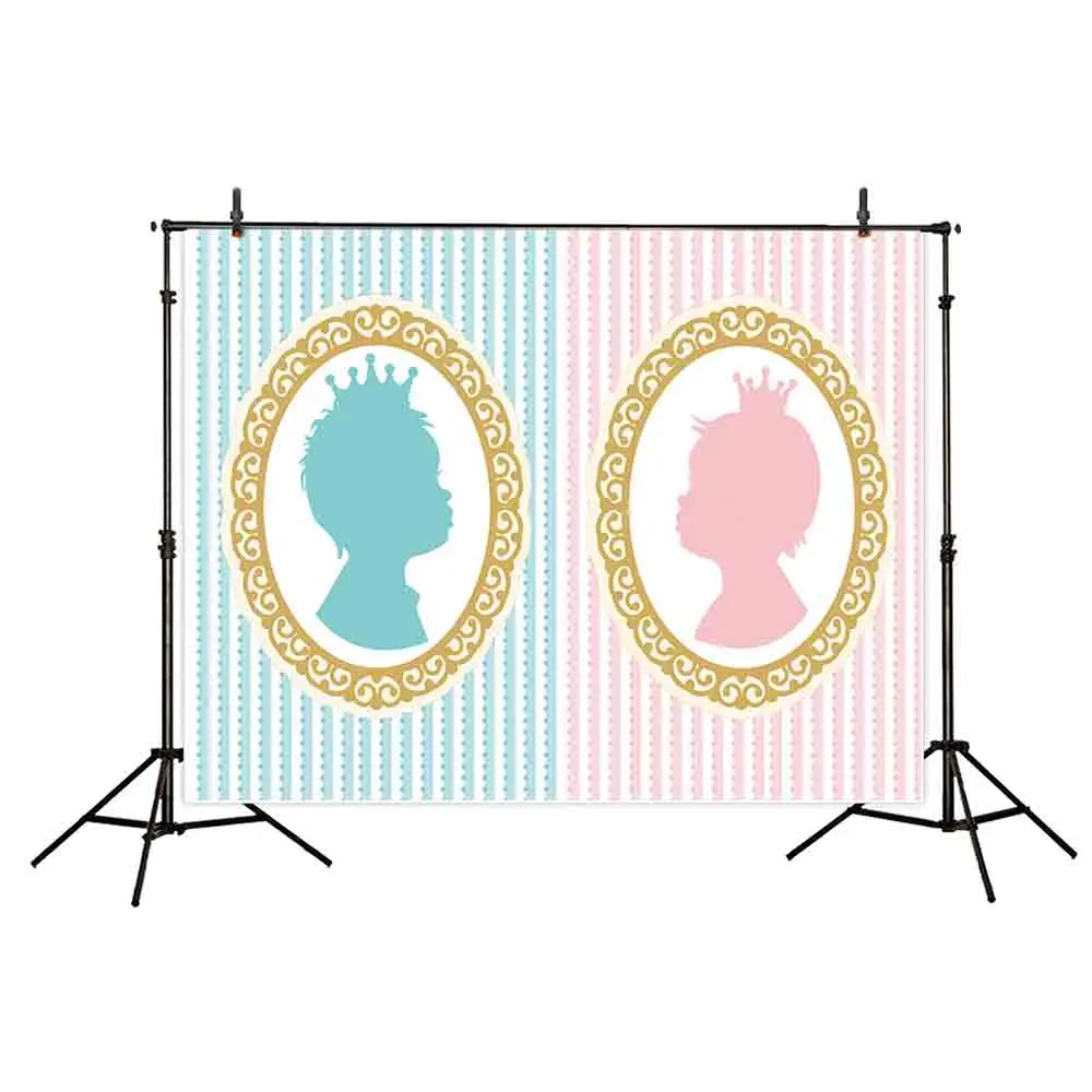 Funnytree Gender reveal backdrops blue pink stripe Crown baby shower photography photocall boda background for photo photophone