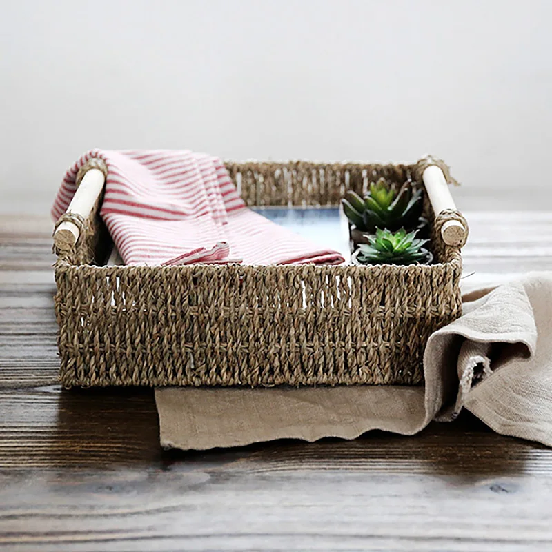 

Japanese Aquatic Weeds Storage Baskets Wooden Handgrip Zakka Style Storage Box Straw Basket Simple Organizer Handmade 3 Sizes