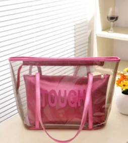 New Hot Fashion Waterproof Half Transparent Hand Bag PVC Summer Beach Bag and Polyester with Small Storage Bag