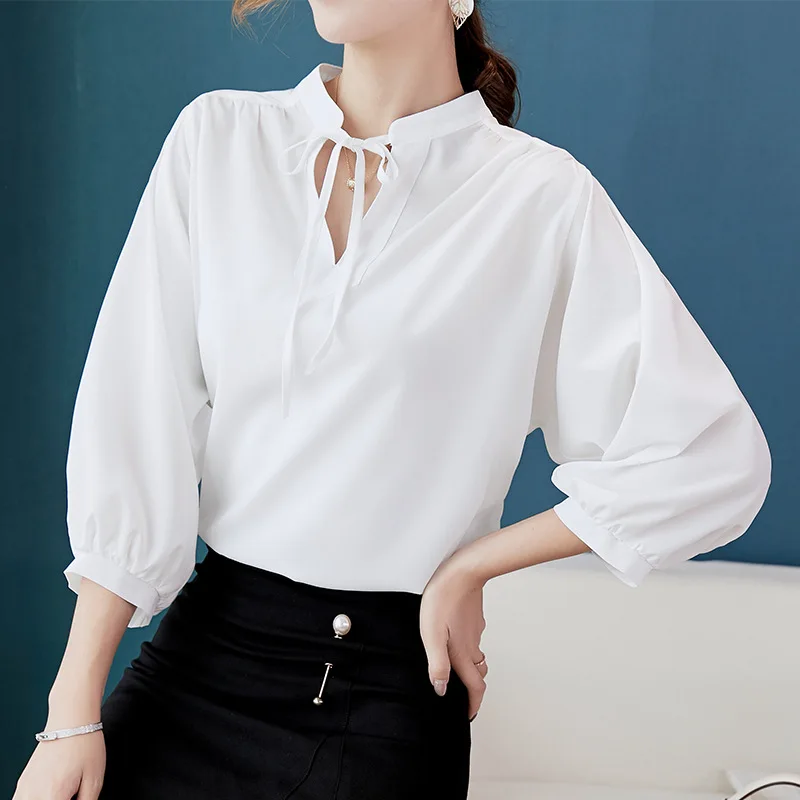 Spring Summer Chiffon Shirt New Women Fashion Loose Pure Color Blouse Office Ladies Korean Leisure Nine Points Sleeve Top H9121