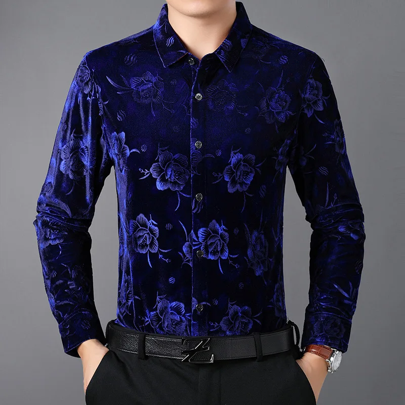 Beautiful Flower Luxury Shirts For Men Fashion Casual Long Sleeved Autumn High Quality Velvet Soft Comfortable Camisas De Hombre