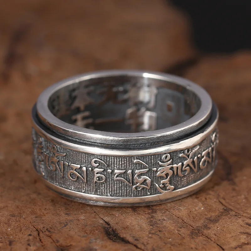 

100%S925 pure silver ring Thai silver restoring ancient ways is dark to process six words rotating ring man ring