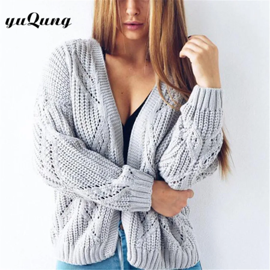 Clearance Autumn Winter women's sweater Cardigan female grey v neck Knitted short Sweater Coat Knitwear ladies outwear yuqung