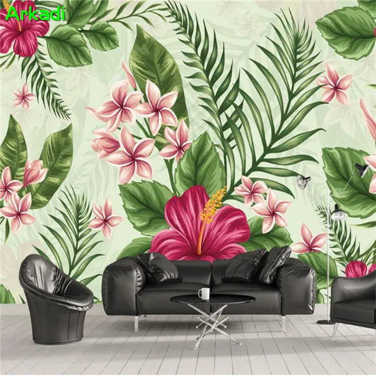 

Custom hand-painted Southeast Asian tropical rainforest green fresh plants banana leaf wallpaper living room TV background wall