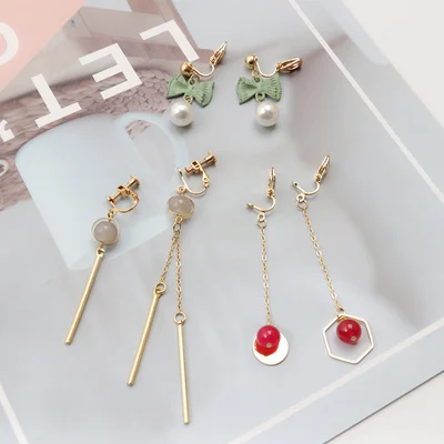 GRACE JUN 3 Pairs /set  Clip on Earrings Non Pierced for Women Luxury Geometric Clip Earrings Heart Flower Tassel Cuff Earrings