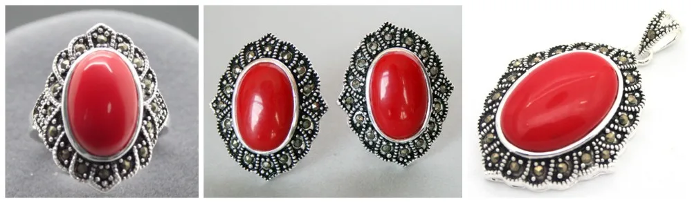 

Fashion designed Red Carved Lacquer Marcasite 925 Sterling Silver Oval Ring(#7-10) Earrings & Pandent jewelry sets