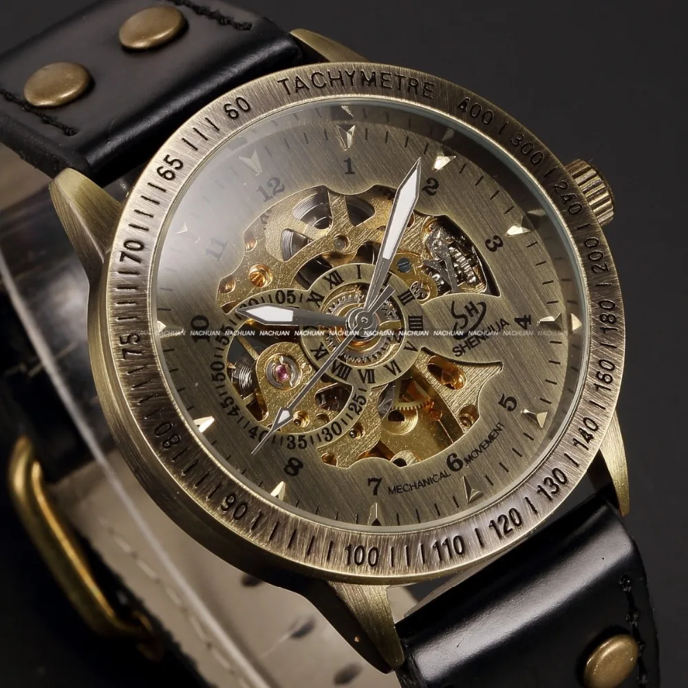 Shenhua Brand Vintage Bronze Automatic Skeleton Mechanical watches Men Analog Leather Wrist Watch Casual Watch ErkekKol Saati