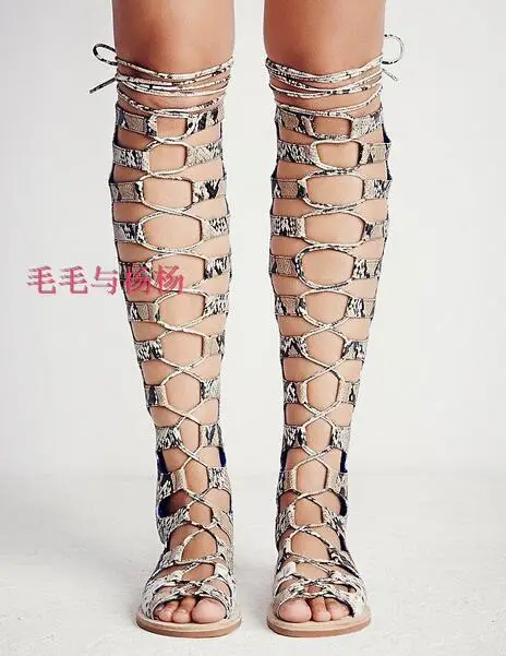 Stylish Snake Print Leather Flat Strappy Sandal Boots Peep Toe Cut-out Gladiator Sandal Boots Summer Dress shoes woman Size 34-4