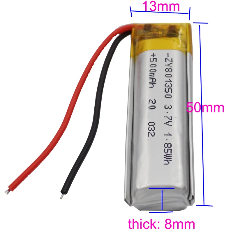 Akumulator litowo-polimerowy Lipo 3,7 V 500 mAh 1,85 Wh 801350 Dla MP4 Kamera samochodowa DashCam Odtwarzacz gier LED Light