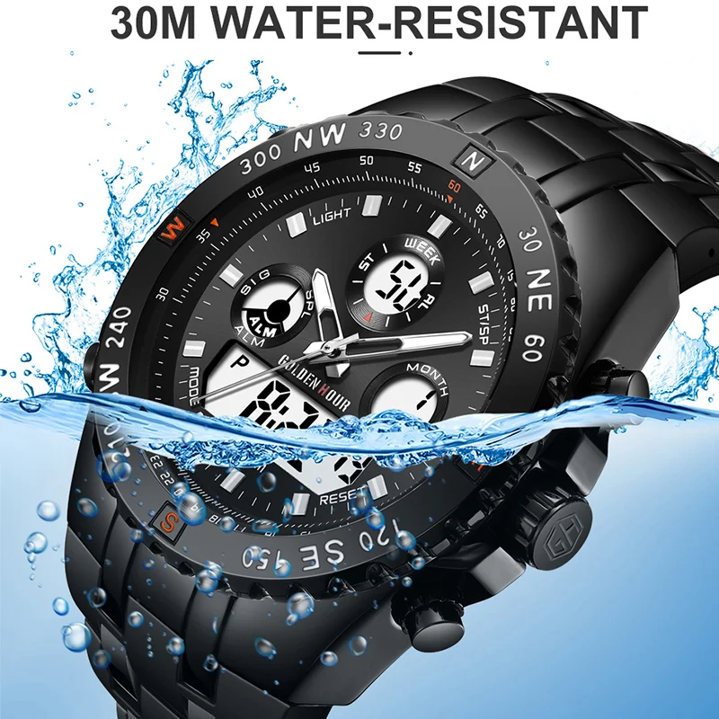 GOLDENHOUR Top Brand Dual Display Men Watch Fashion Silicon Strap Mens Quartz Watches Male Waterproof Sports Relogio Masculino