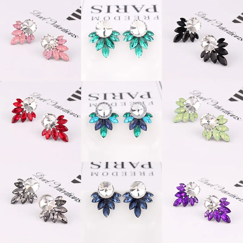  Big Round Rhinestone Inlaid Silver Color Metal Stud Earrings 13 Colors Crystal Leaves Piercing Earrings Women Jewelry Gift