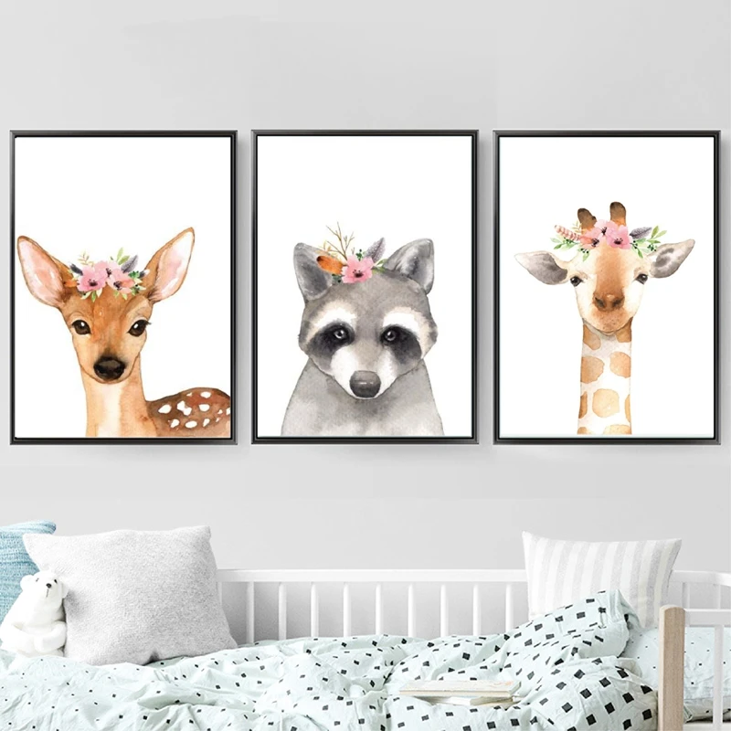 Floral Crown Animal Canvas Poster Nursery Wall Art Print Painting Nordic Watercolor Forest Animals Pictures Baby Room Decoration