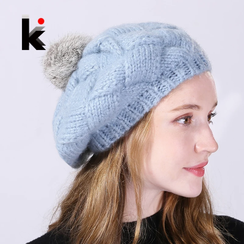 Winter Women's Berets Real Rabbit Fur PomPom Knitted Wool Hat Ladies Autumn Flat Caps Female Beret Hats For Women Boina Feminina