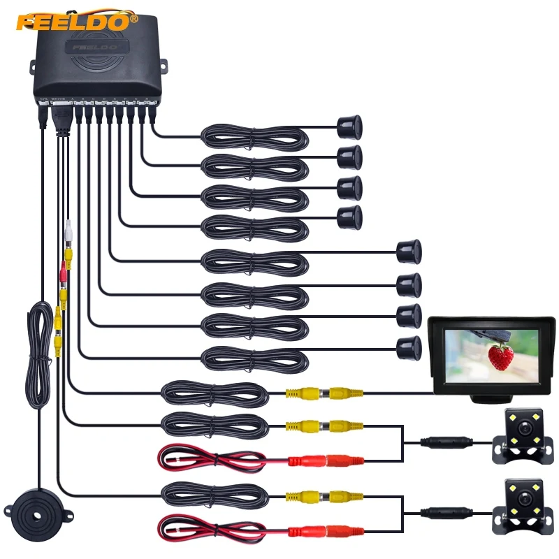 

FEELDO 1Set Car 4.3" LCD Monitor 8-Sensor Parking Sensor 2x 4-LED Camera Dual Visual Rearview Video Parking System #AM1779