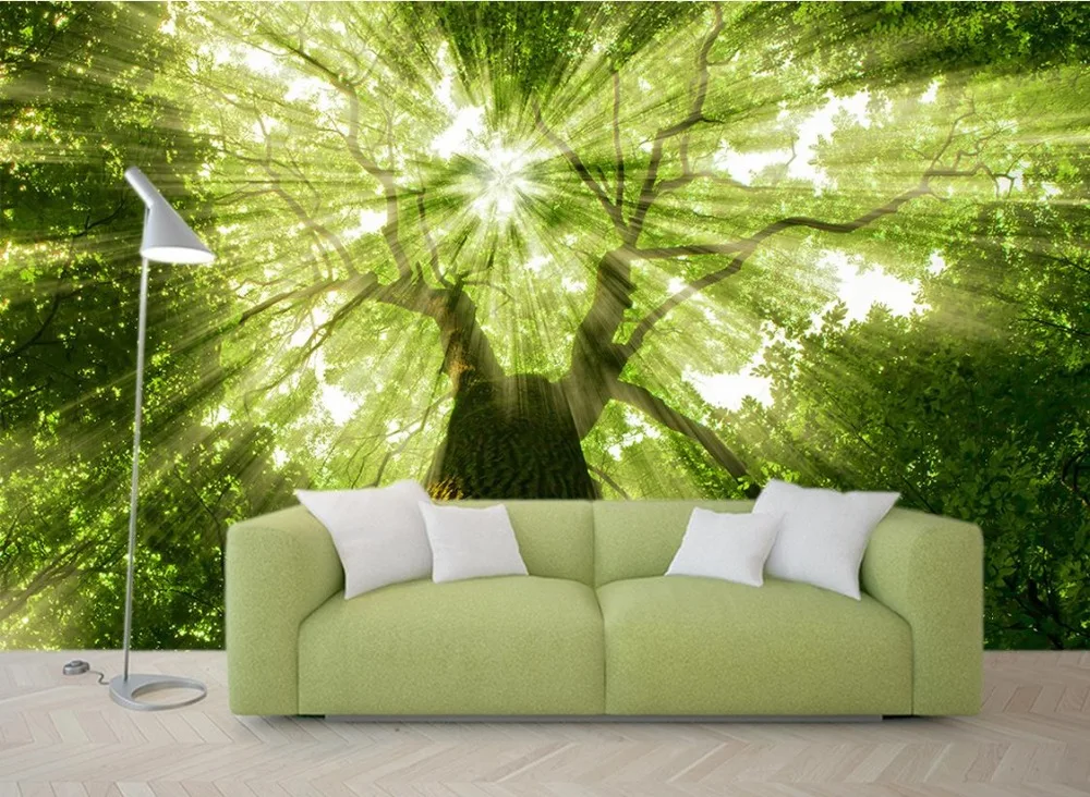 

bathroom 3d wallpaper mural painting photos Green forest sunlight 3d stereoscopic wallpaper Home Decoration