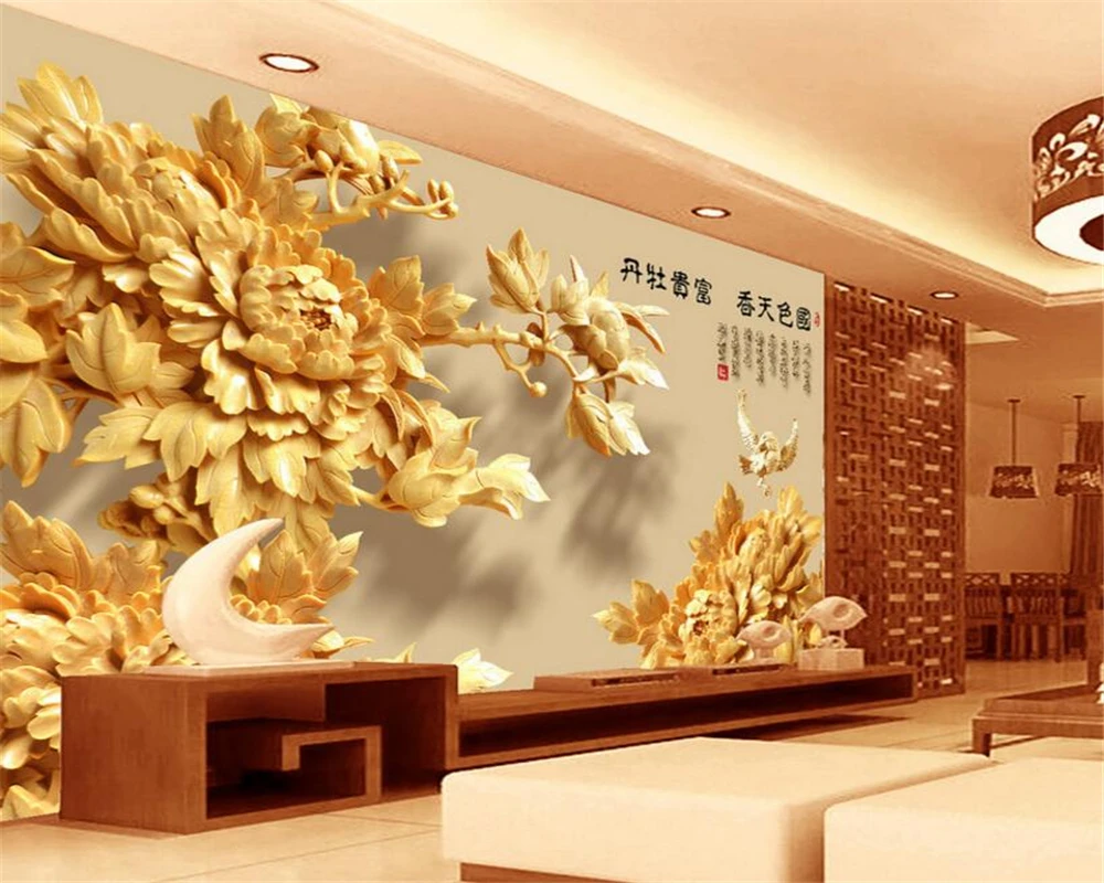 

Beibehang 3D Wallpapers Classic Stereo Wooden Peony Flower Living Room Bedroom TV Background mural photo wallpaper for walls 3 d