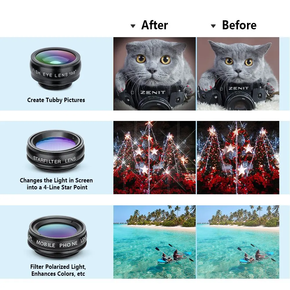 APEXEL 10in1 CellPhone Camera Lens Kit Wide Angle&Macro Lens+Fisheye Lens Telephoto Lens CPL/Flow/Star/Kaleidoscope for phones