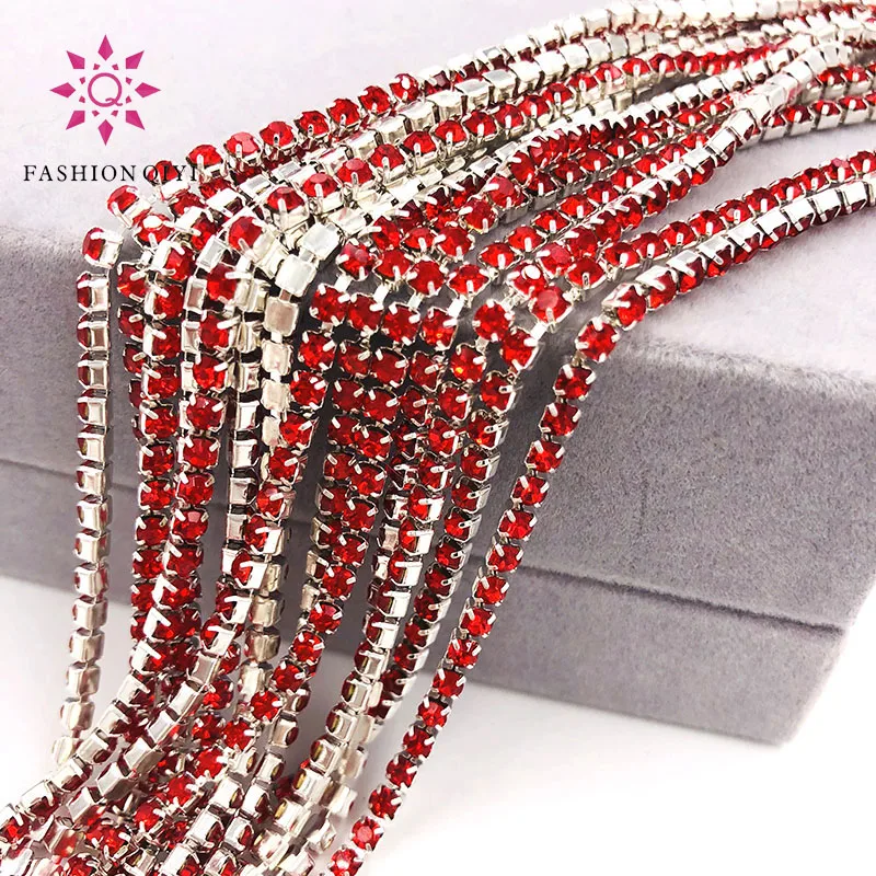 

Free shipping 5 yards/bag Super bright encryption Red 2mm-4mm silver base glass rhinestones cup chain diy clothing accessories