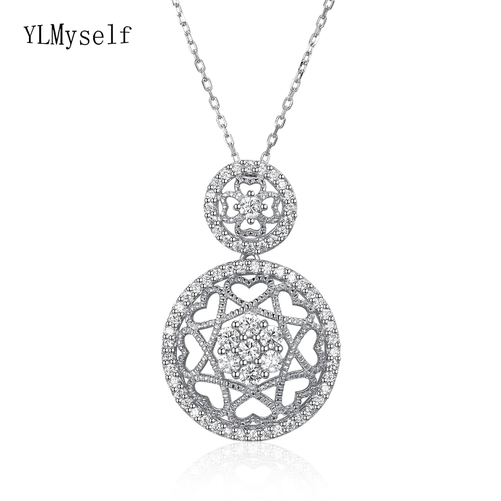 Luxury 925 Sterling Silver Pendant Necklace Round shape Plaid flower design Silver Suspension Jewellery Female Fine Jewelry