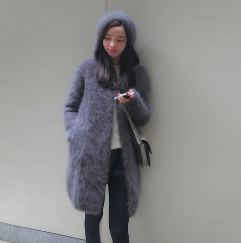 Women\'s long plush mink cashmere sweater coat female with hooded cardigan free shipping J14