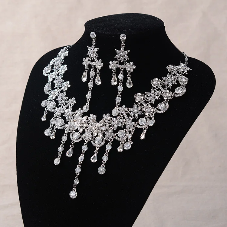 Luxury Silver Color Crystal Flowers Bridal Jewelry Set For Women Statement Necklace Earring Rhinestone Tiara Wedding Accessories