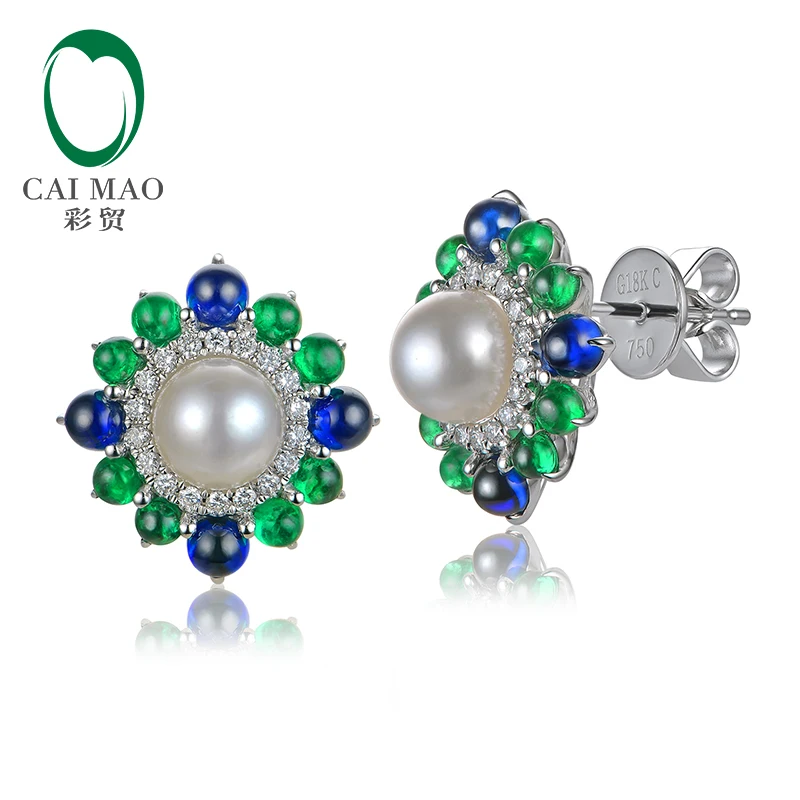 Caimao 18k White Gold Precious 6mm Round Akoya Pearl With Natural Sapphire Emerald and Diamond Earring Fine Gold Jewelry