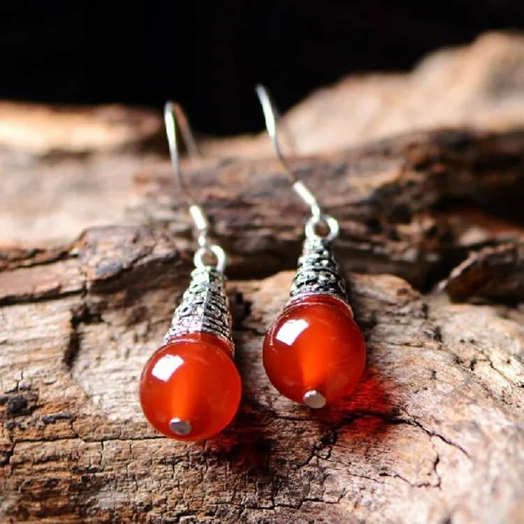 New Fashion Imitation Red Obsidian Drops Of Water Round  Earrings Natural Authentic Tower Red Agate Earrings Women\'s Jewelry