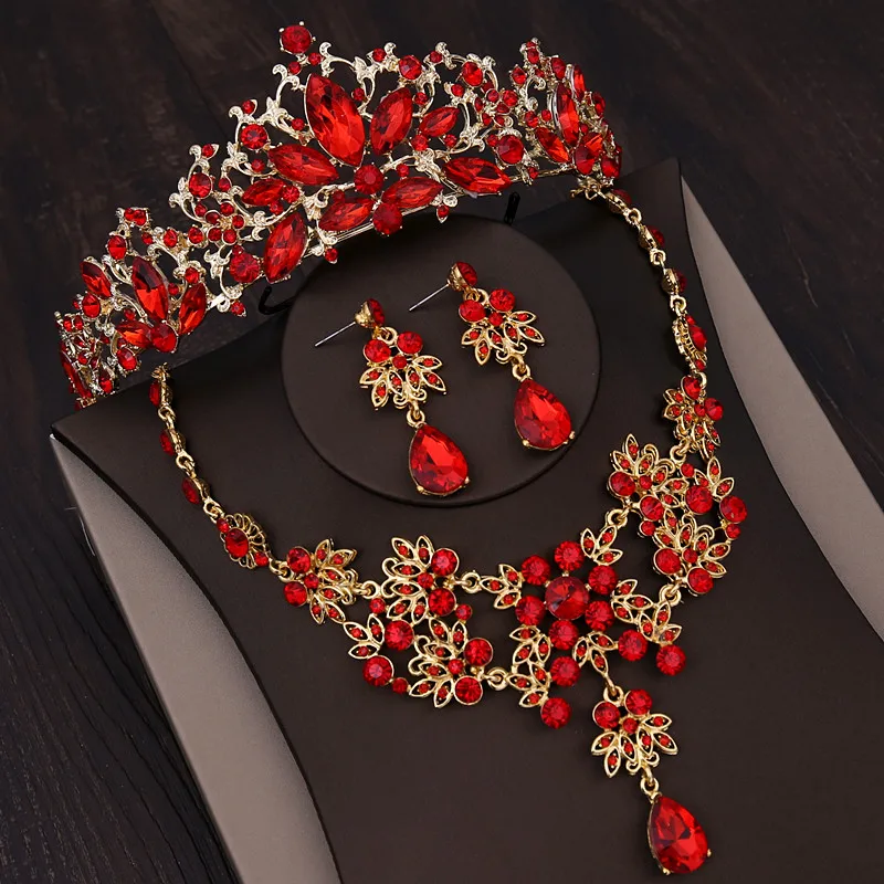 Baroque Gold Color Bridal Jewelry Sets Rhinestone Crown Necklace Earrings For Women Vintage Red Crystal Wedding Hair Accessories