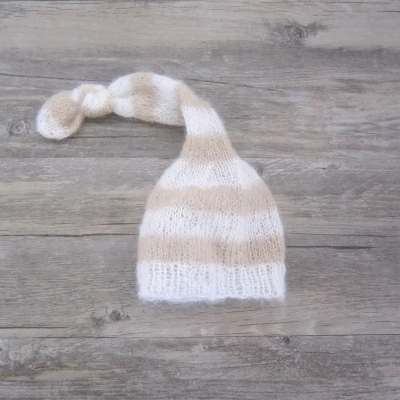 Baby long tail mohair hat for newborn photo props,white beige knot long tube cap