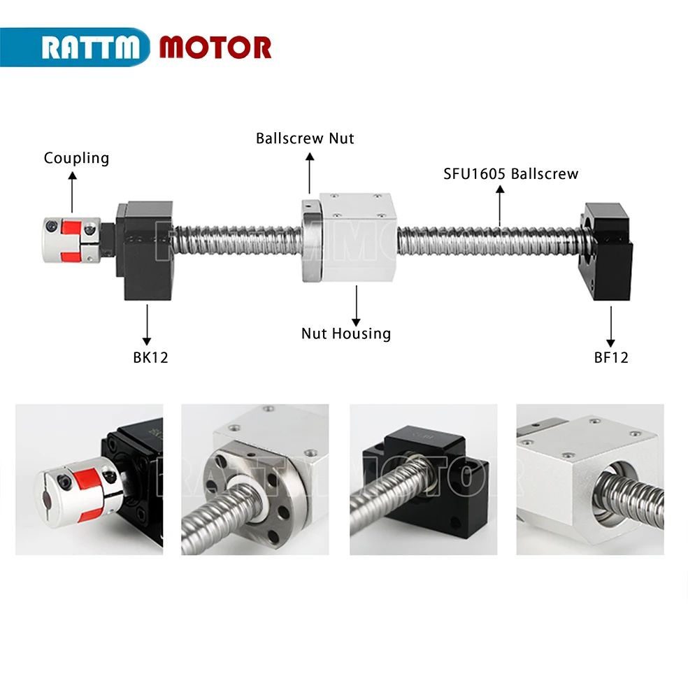 CNC Accessories Part SFU1605 Ball screw 300 500 800 1050mm  C7 with end machined + nut housing + BK/BF12