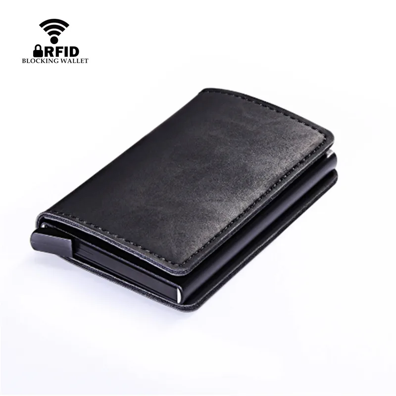 Hot Koop RFID Card Bescherming mannen Lederen Card Case Mini Portemonnee RFID Blokkeren Aluminium ID Credit Card Houder Voor man