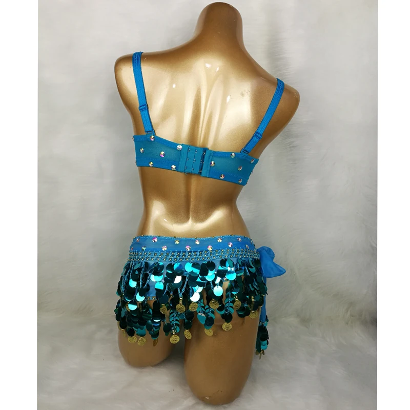 New Samba Belly Dance Costume Hand Beaded Sequins Turquoise & Red Color Top Bra and Hip Scarf Belt 2PCS/SET Outfit Dancer Wear