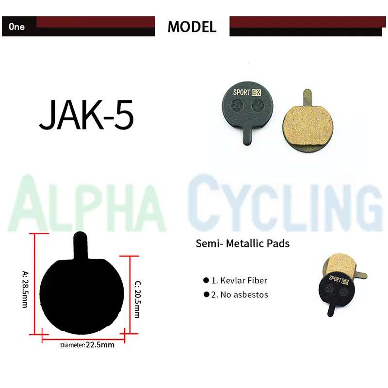 MTB Bicycle Disc Brake Pads for JAK-5 Disc Brake, RESIN Semi-Metallic, 4 Pairs