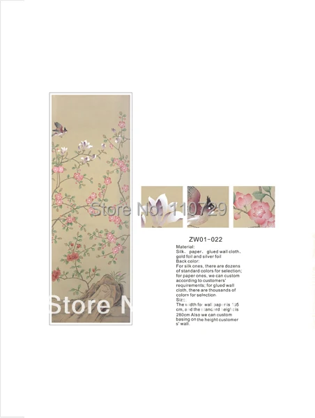 Home decoration wall material Hand-painted silk wallpaper painting flowers with birds sticker many pictures optonal