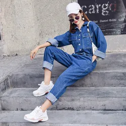 Casual Blue Denim Romper Jumpsuits Women Solid One Piece Long Sleeve Bodysuit Femme Jean Overalls with Sashes Plus Size Playsuit