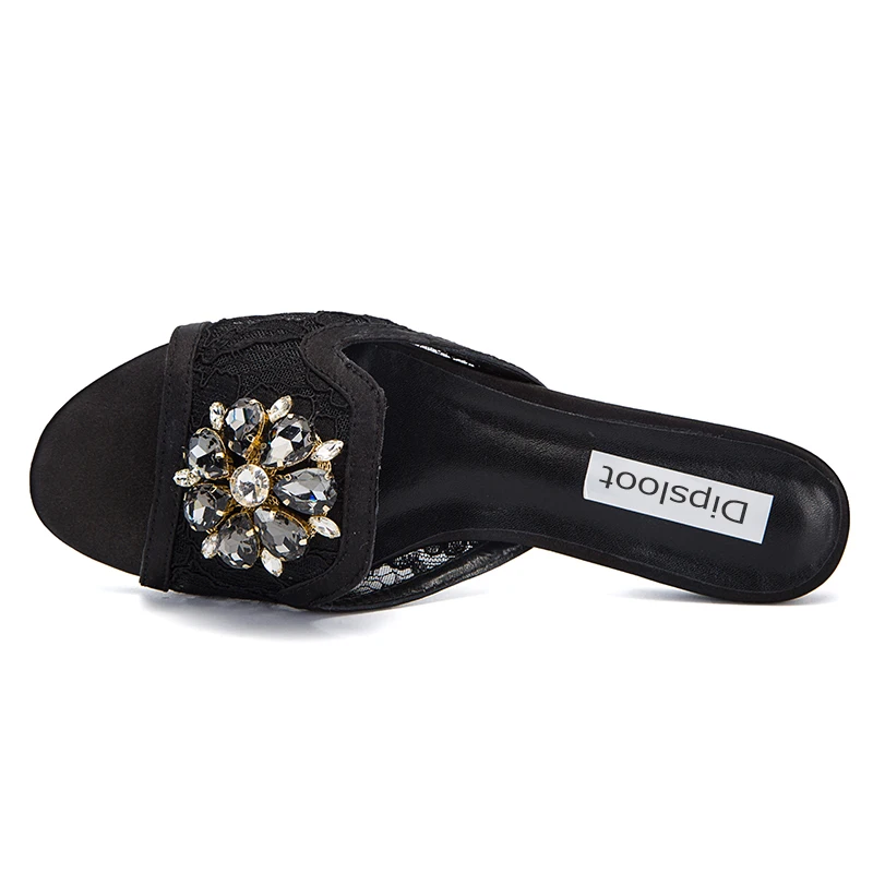 Girl\'s Glitter Gem Rhinestone Flower Floral Lace Slipper Sandals Peep Toe Flats Leisure Crystal Lace Slide Shoes for Ladies