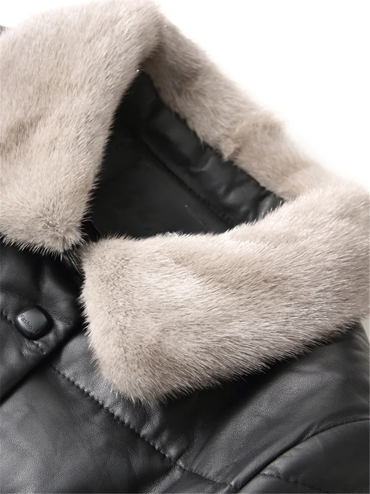 AYUNSUE Women's Winter Down Jackets Long Genuine Leather Jacket Natural Sheepskin Coat Female Mink Fur Collar clothes YY1082B