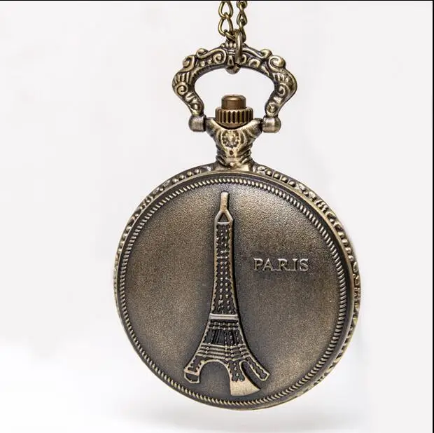 Vintage Bronze antiques Fashion quartz Eiffel Tower Modern clock Necklace pocket watches gift