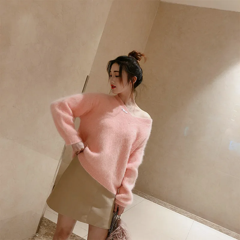 New long wool mink cashmere sweater, loose long sleeve knitted V-neck bottom shirt, free delivery S181118