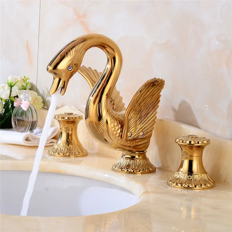 

Bathroom Basin Faucet Solid Brass Sink Mixer Tap Hot & Cold Gold SwanType Lavatory Water Crane Vessel Carving Dual Handle Black