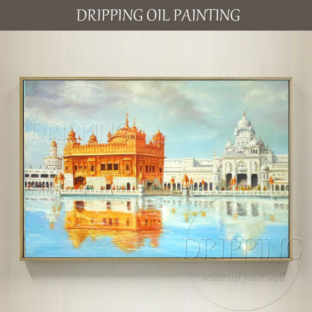 Artist Hand-painted High Quality Temple Landscape Oil Painting on Canvas Temple Picture Indian Golden Temple Building Painting