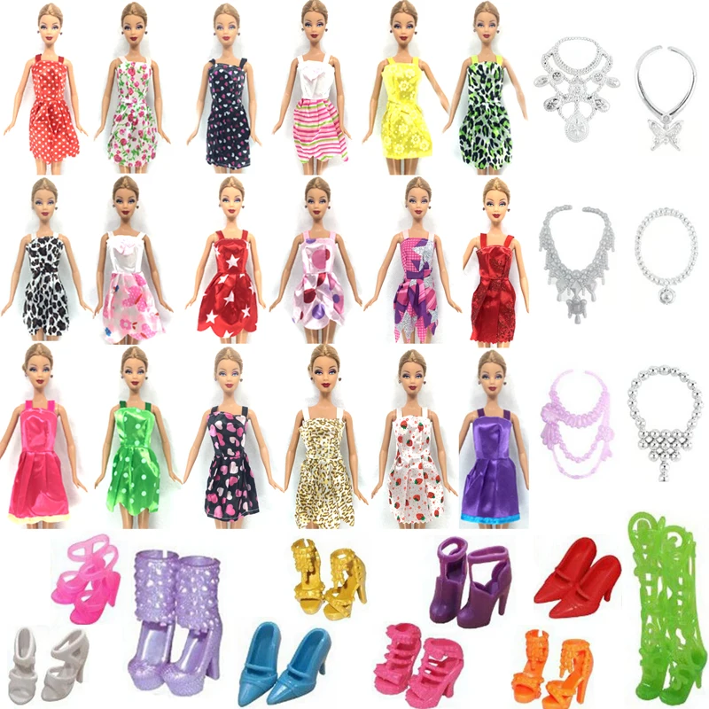 

NK 1 Set 10 Pcs Mix Sorts Beautiful Party Clothes Fashion Dress+6 Plastic Necklac+10 Pair Shoes For 1/6 Doll Clothes Toy Gift