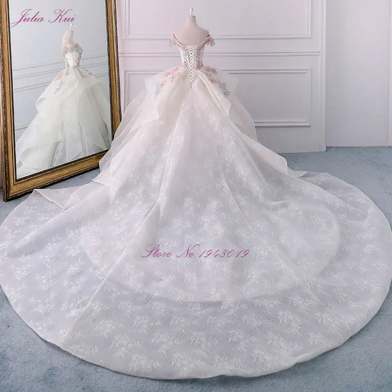 Customize Lace Sweetheart Appliques Long Beading Crystals Off The Shoulder Lace-Up Ball Gown 3D Flowers Ruffles Wedding Dresses