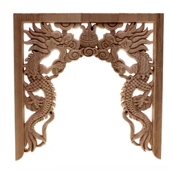 RUNBAZEF Chinese Niches Double Dragon Play Bead Floral Wood Carved Corner Applique Wooden Carving Decal Furniture Decor Crafts