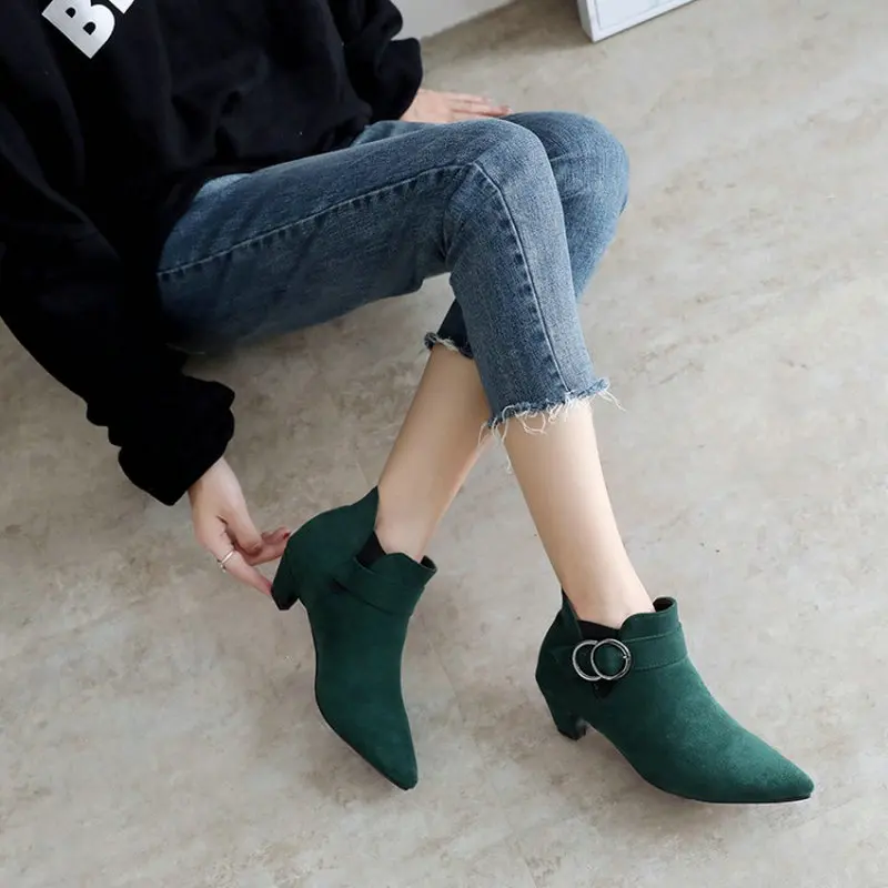 Sianie Tianie med stange heels woman shoes pointed toe green olive woman ankle boots winter boots with buckle plus size 45 46