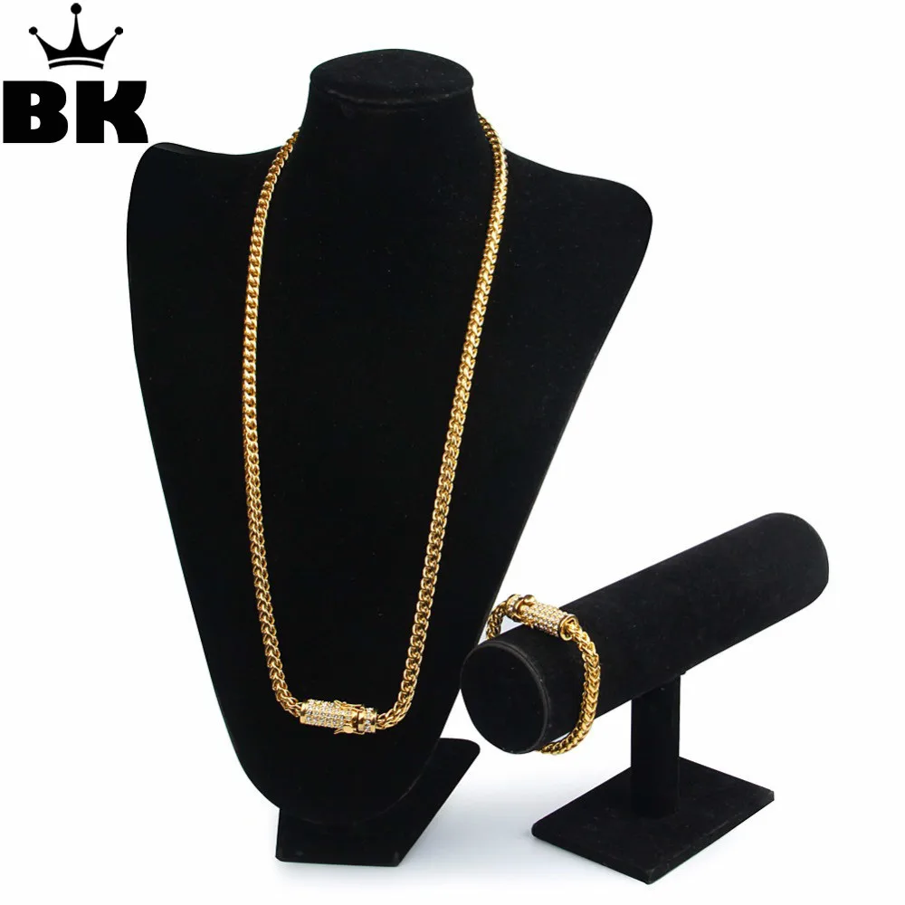 Hip Hop 6mm Wheat Chain Set Stainless Steel Iced Out Rhinestone Luxury Box Clasp Necklace 73cm & Bracelet 20cm Franco Chain