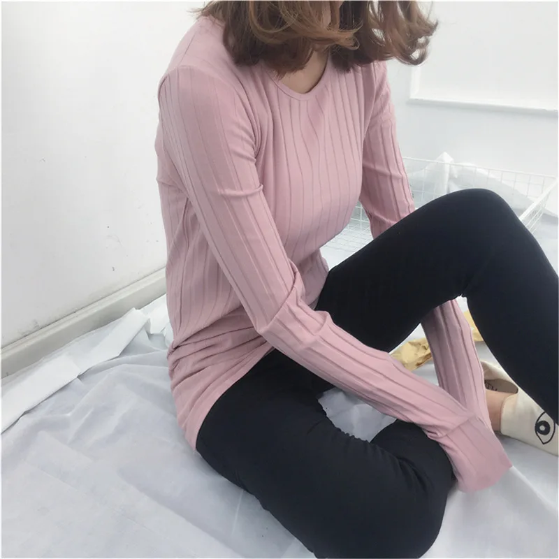 Basic Cotton Ribbed Tops Tees With Thumb Hole Women Long Sleeve Tee Shirts Essential Layering T Shirt Femme S,M,L