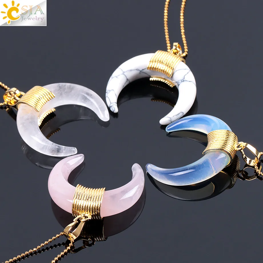 CSJA New Fashion Natural Stone Crescent Half Moon Necklace Pendant with Chain Gold Color Wire Wrapped for Women DIY Jewelry F063