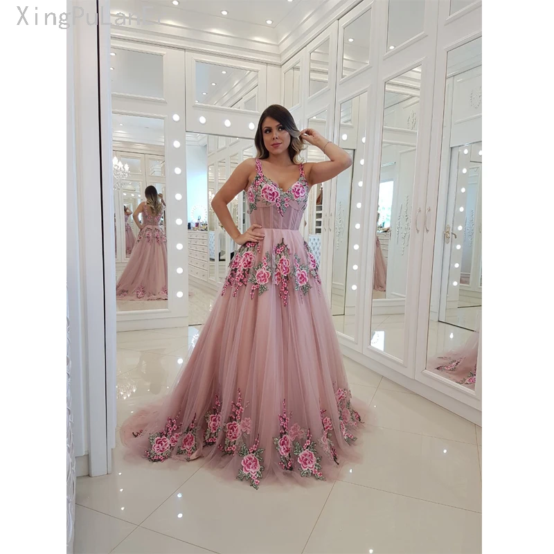 Pink Embroidery Flower Plus Size Long Prom Dress 2019 A Line Sweetheart Spaghetti Strap Sexy Backless Evening Dress Prom Gowns