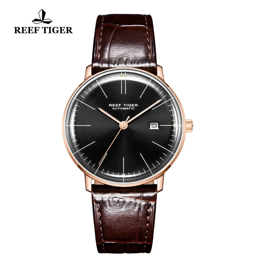 

Reef Tiger/RT Luxruy Dress Watch Men Convex Lens Genuine Leather Strap Automatic Mechanical with Date RGA8215